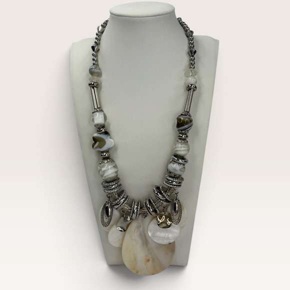 no brand Jewelry - Silver Tone Mother of Pearl Shell Bib Statement Necklace Beaded Boho Beach Y2K